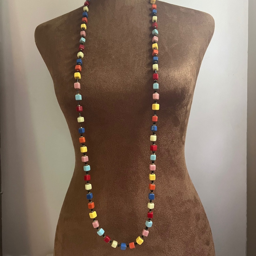 Vintage Style Multi Color Cube Bead Long Necklace 46 Inch Kidcore
